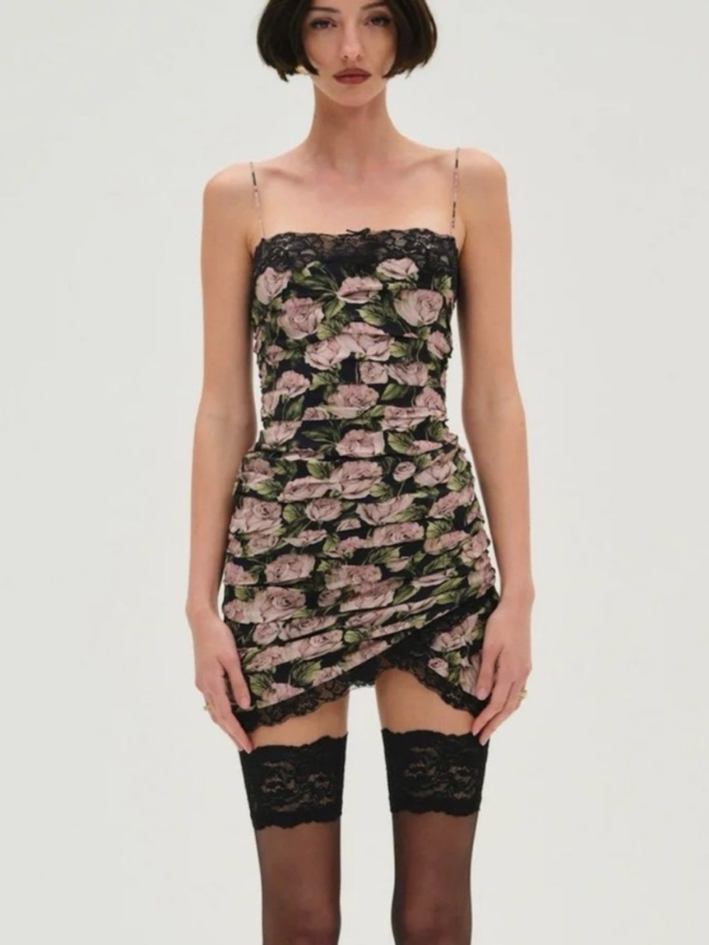 For Love & Lemons‎ Fallen Rose Dress Women's XL Black Floral Lace Slip Ruched